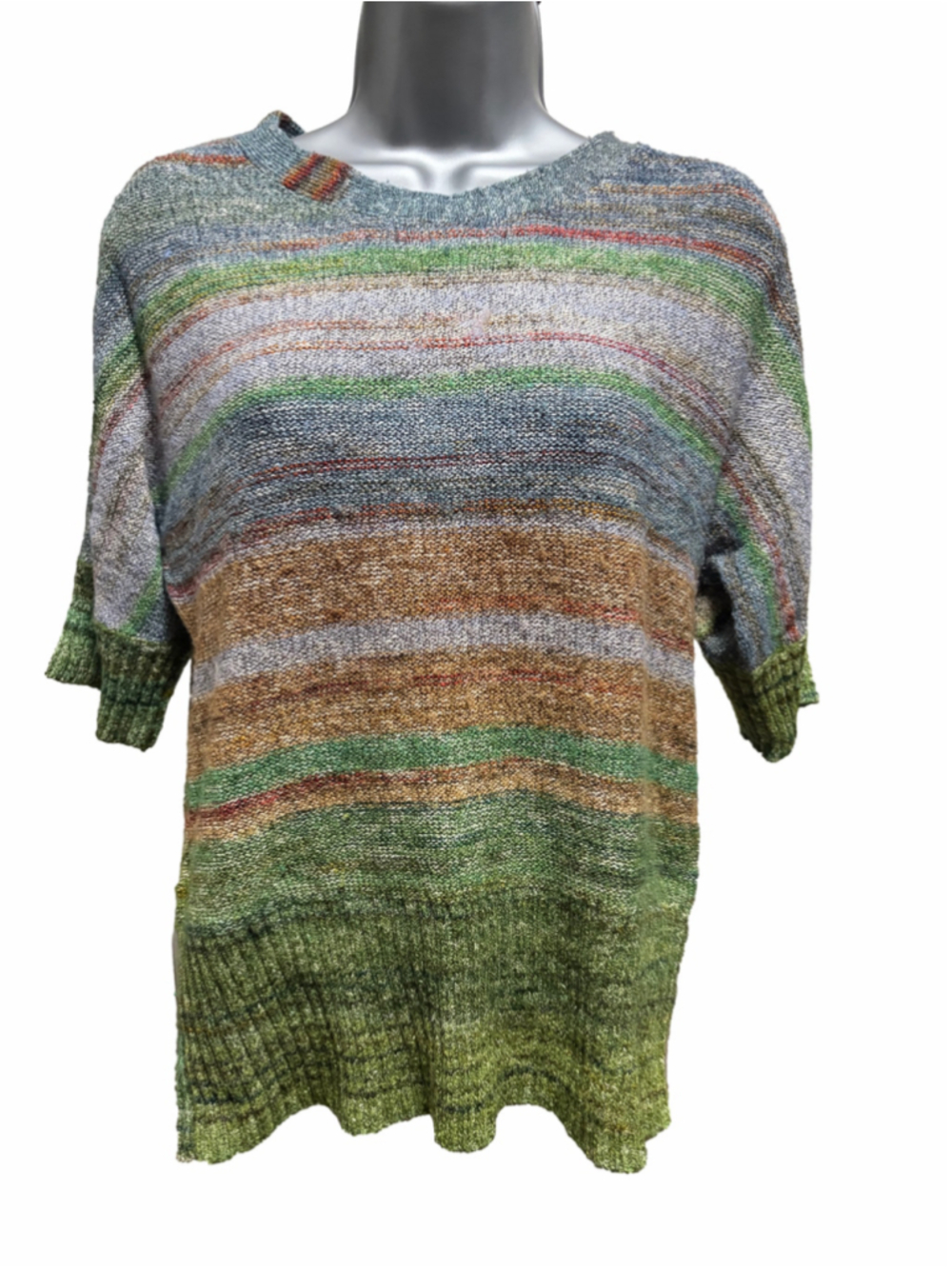 Leo & Nicole Space-Dye Striped Knit Sweater — Size S, Green/Blue/Tan